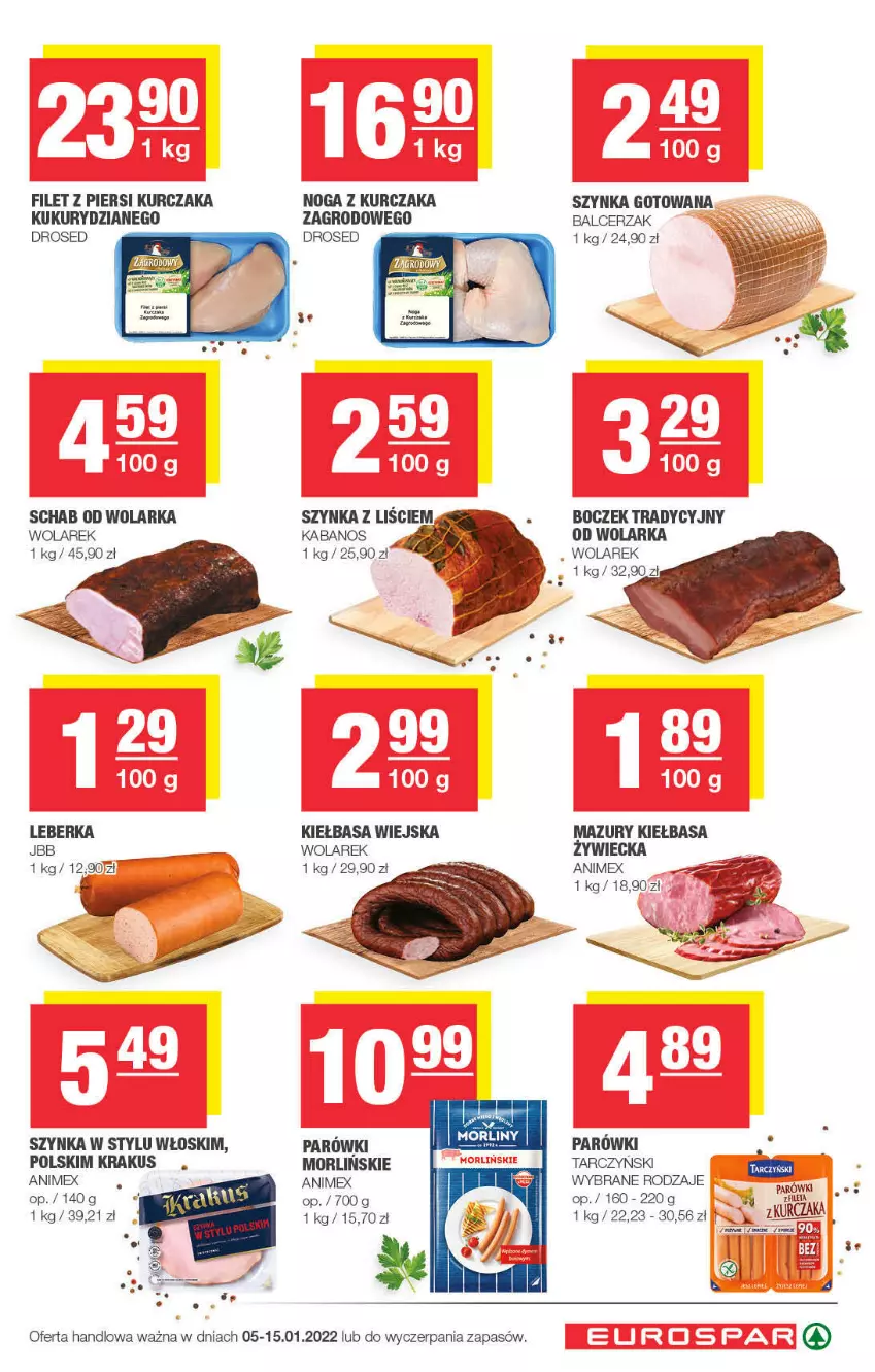 Gazetka promocyjna Spar - EuroSpar - ważna 02.01 do 12.01.2022 - strona 7 - produkty: Boczek, Filet z piersi kurczaka, Kabanos, Kiełbasa, Kiełbasa wiejska, Krakus, Kurczak, Leberka, Parówki, Szynka, Tarczyński