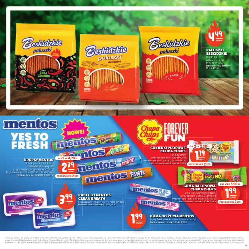 Gazetka promocyjna Stokrotka - Czas na Grill - ważna 29.04 do 14.05.2025 - strona 25 - produkty: Beskidzki, Chupa Chups, Cukier, Cukierki, Discover, Fa, Fanta, Guma do żucia, Mentos, Mięso, Owoce, Pastylki, Warzywa, Zegar, Zegarek