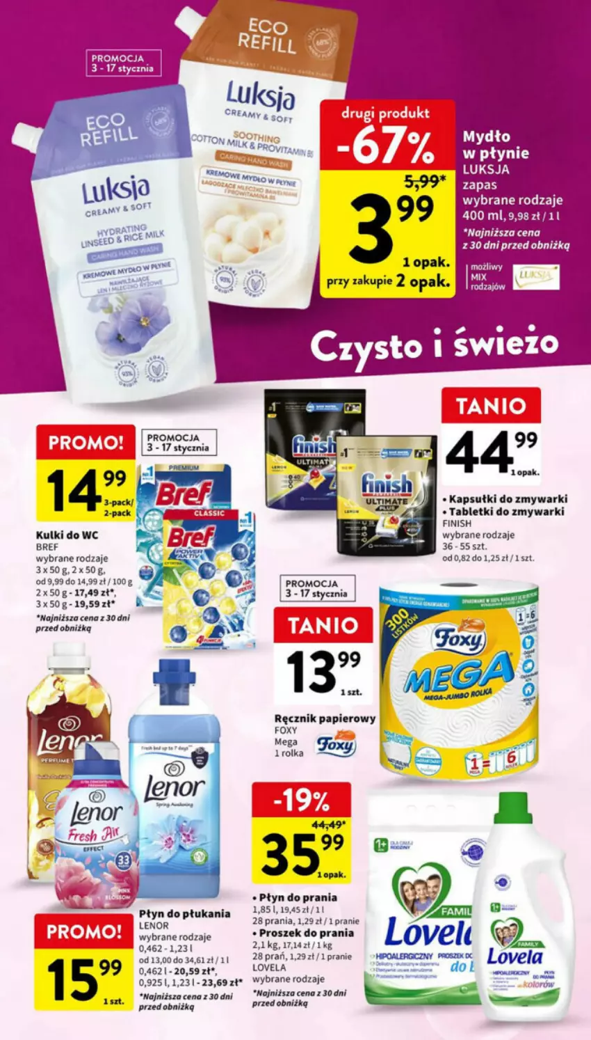 Gazetka promocyjna Intermarche - ważna 08.01 do 10.01.2024 - strona 22 - produkty: Bref, Finish, HP, Kulki do wc, Lovela, Mydło, Mydło w płynie, Papier, Płyn do prania, Ręcznik, Tablet, Tabletki do zmywarki, Zmywarki