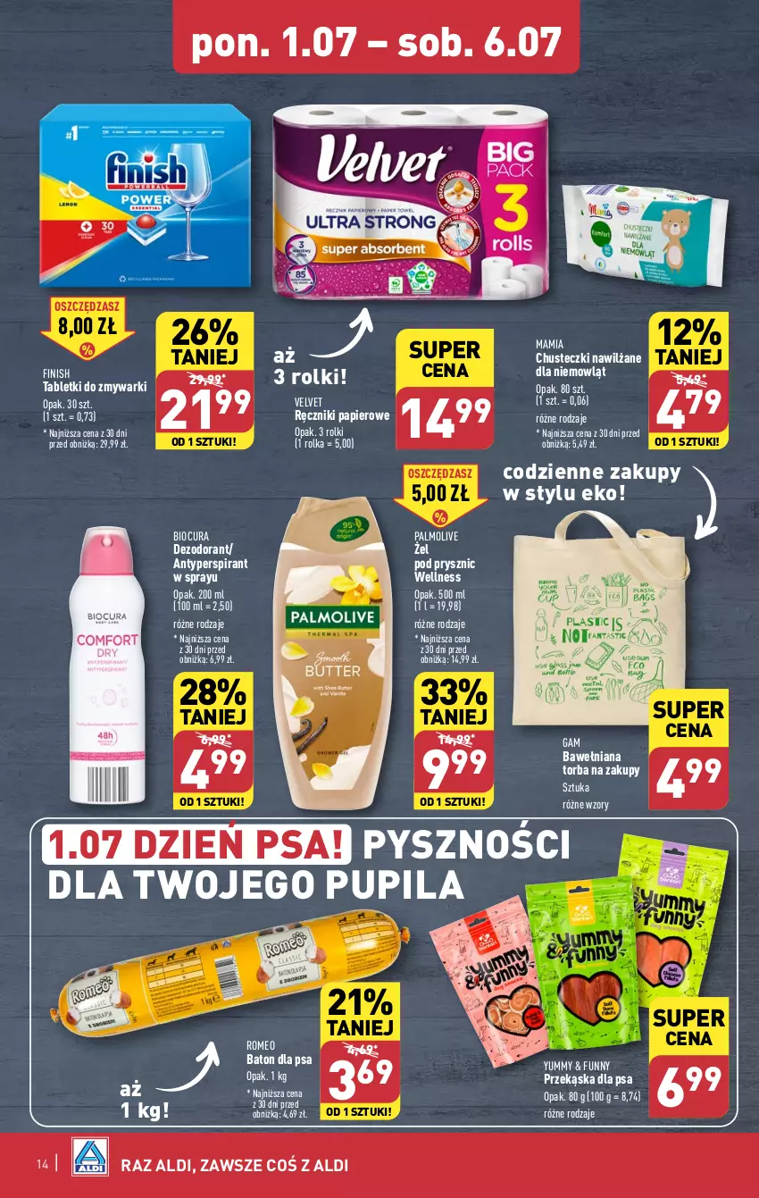 Gazetka promocyjna Aldi - Pełna oferta - ważna 01.07 do 06.07.2024 - strona 14 - produkty: Antyperspirant, Baton, Baton dla psa, Chusteczki, Dezodorant, Finish, Palmolive, Papier, Ręcznik, Ręczniki papierowe, Rolki, Tablet, Tabletki do zmywarki, Torba, Torba na zakupy, Velvet, Zmywarki