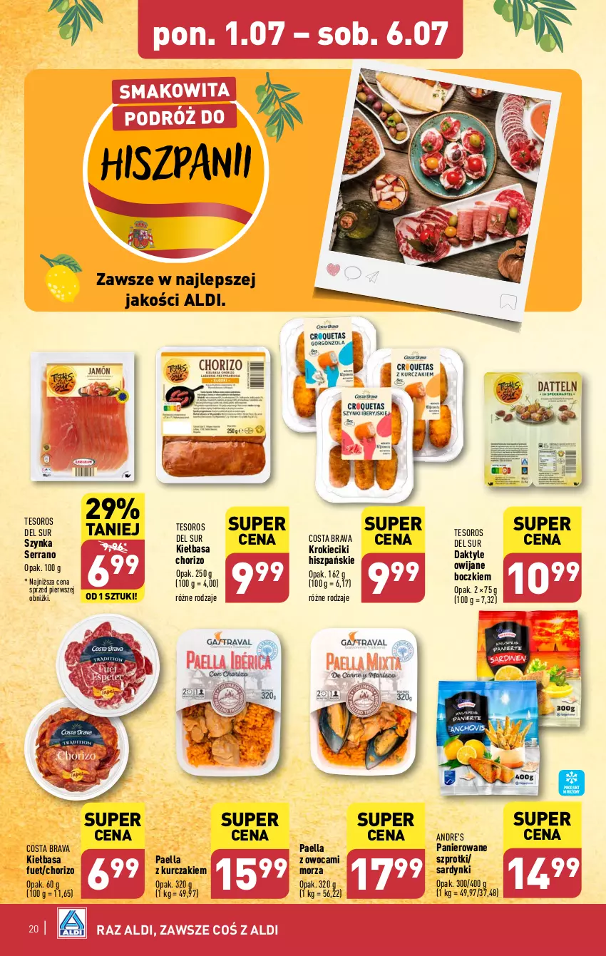 Gazetka promocyjna Aldi - Pełna oferta - ważna 01.07 do 06.07.2024 - strona 20 - produkty: Daktyle, Kiełbasa, Kurczak, Sardynki, Ser, Szprot, Szynka