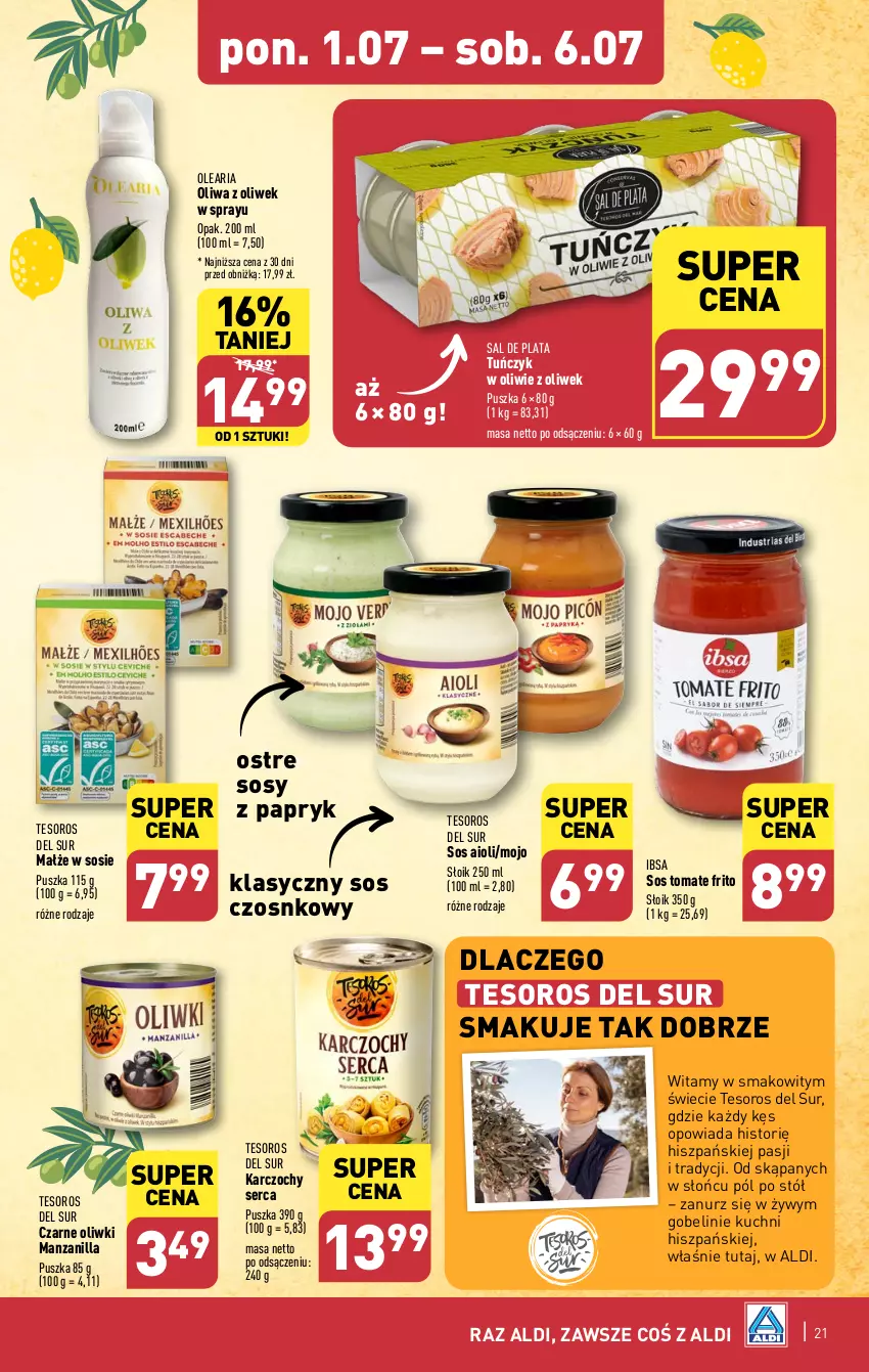 Gazetka promocyjna Aldi - Pełna oferta - ważna 01.07 do 06.07.2024 - strona 21 - produkty: Karczochy, Małże, Oliwa z oliwek, Oliwki, Ser, Sos, Sos czosnkowy, Stół, Tuńczyk