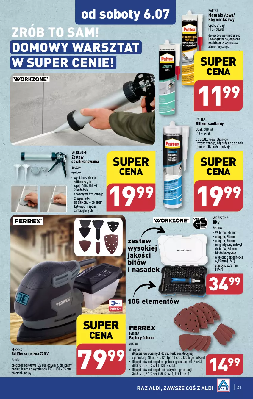 Gazetka promocyjna Aldi - Pełna oferta - ważna 01.07 do 06.07.2024 - strona 41 - produkty: Gra, Haczyk, Klej, Papier, Papier ścierny, Pojemnik, Por, Silikon sanitarny, Sok, Szlifierka, Wkręt