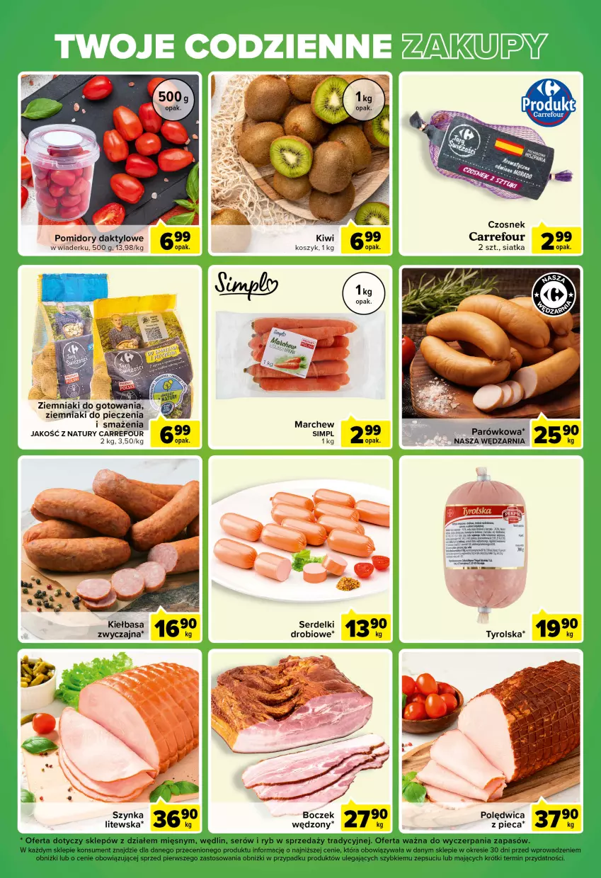 Gazetka promocyjna Carrefour - Gazetka Express - ważna 10.01 do 16.01.2023 - strona 5 - produkty: Boczek, Czosnek, Kiełbasa, Kiwi, Koc, Kosz, Piec, Polędwica, Pomidory, Ser, Serdelki, Siatka, Szynka, Ziemniaki