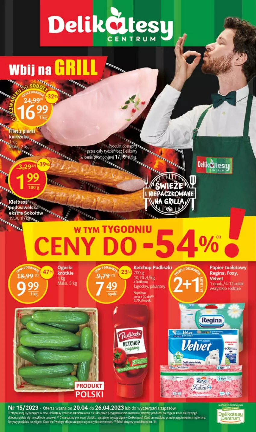 Gazetka promocyjna Delikatesy Centrum - Gazetka DC15 - ważna 20.04 do 26.04.2023 - strona 1 - produkty: Foxy, Gin, Ketchup, Kurczak, Pudliszki, Rum, Velvet, Wawel, Zupa