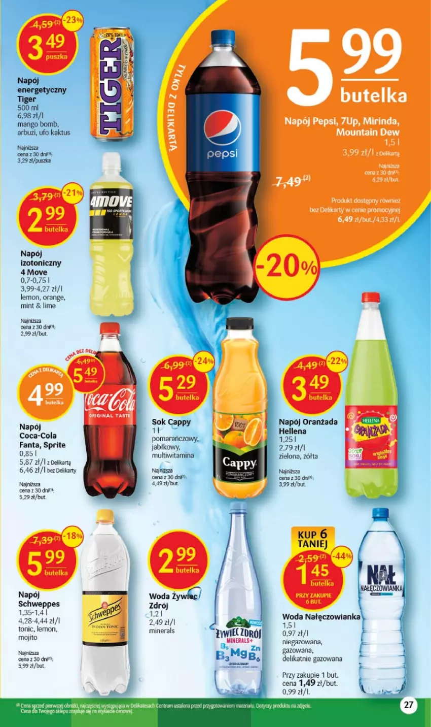 Gazetka promocyjna Delikatesy Centrum - Gazetka DC15 - ważna 20.04 do 26.04.2023 - strona 27 - produkty: Cappy, Coca-Cola, Fa, Fanta, Hellena, Nałęczowianka, Napój, Napój izotoniczny, Oranżada, Rum, Schweppes, Ser, Sok, Sprite, Woda