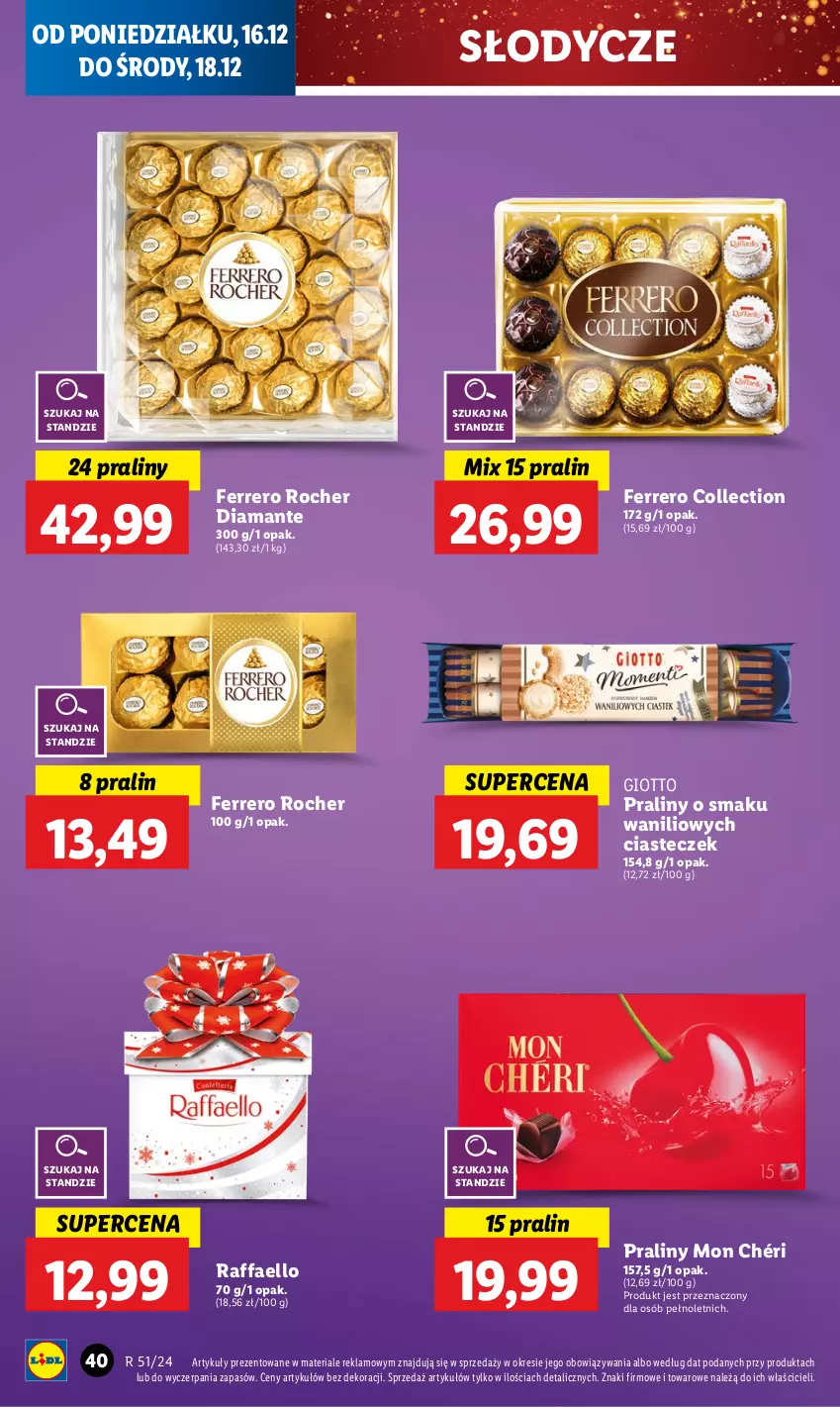 Gazetka promocyjna Lidl - GAZETKA - ważna 16.12 do 18.12.2024 - strona 46 - produkty: Diamant, Fa, Ferrero, Ferrero Rocher, Mon Chéri, Praliny, Raffaello