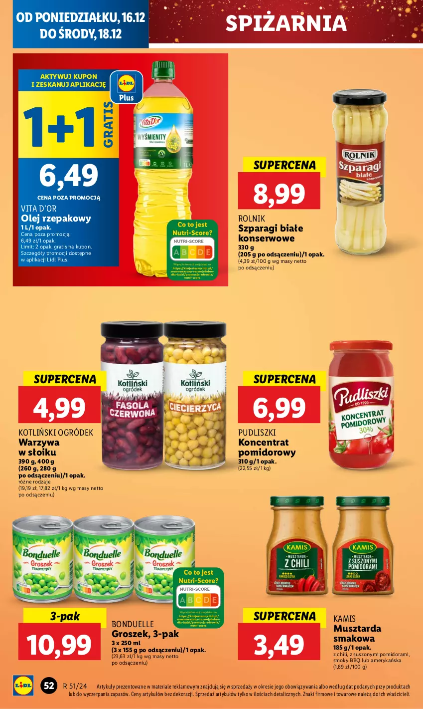 Gazetka promocyjna Lidl - GAZETKA - ważna 16.12 do 18.12.2024 - strona 60 - produkty: Bonduelle, Gra, Groszek, Kamis, Koncentrat pomidorowy, Mus, Musztarda, Ogród, Olej, Olej rzepakowy, Pudliszki, Rolnik, Ser, Warzywa