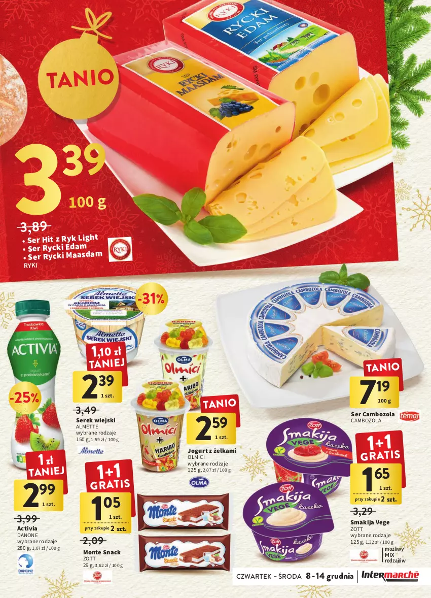 Gazetka promocyjna Intermarche - Gazetka Intermarche - ważna 08.12 do 14.12.2022 - strona 29 - produkty: Activia, Almette, Danone, Edam, Jogurt, Maasdam, Monte, Rycki Edam, Ser, Serek, Serek wiejski, Smakija, Zott