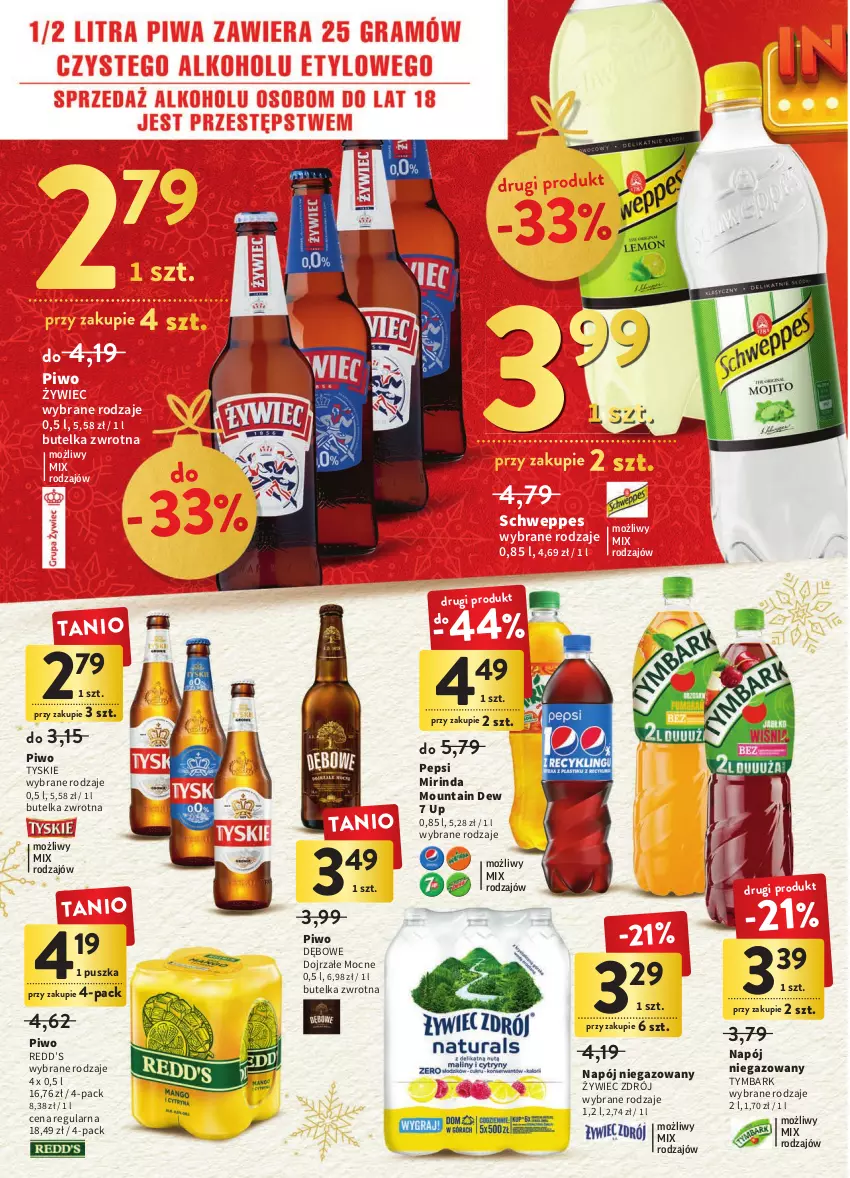 Gazetka promocyjna Intermarche - Gazetka Intermarche - ważna 08.12 do 14.12.2022 - strona 36 - produkty: Mirinda, Napój, Napój niegazowany, Pepsi, Piwo, Schweppes, Tymbark, Tyskie