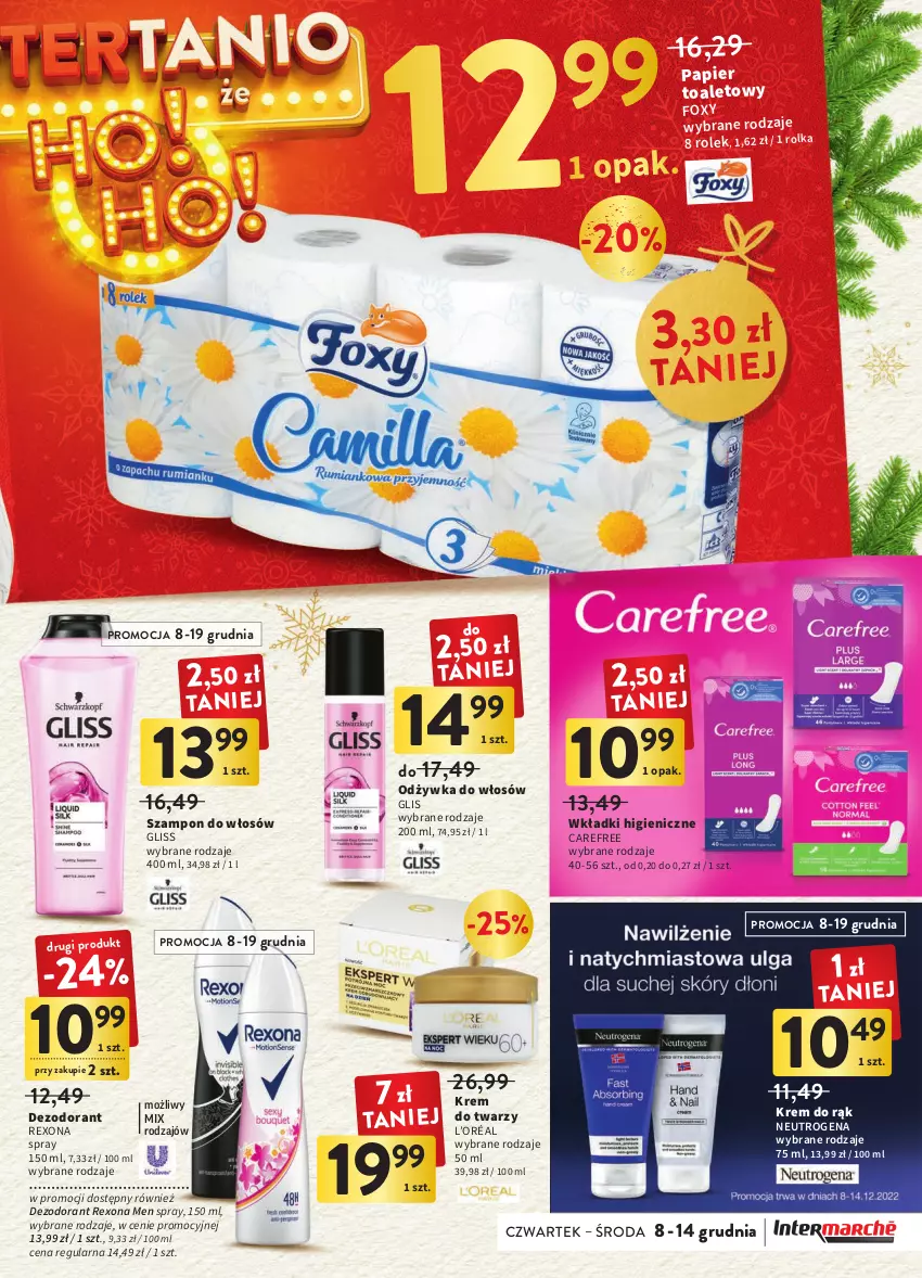 Gazetka promocyjna Intermarche - Gazetka Intermarche - ważna 08.12 do 14.12.2022 - strona 37 - produkty: Carefree, Dezodorant, Foxy, Krem do rąk, Krem do twarzy, L’Oréal, Neutrogena, Odżywka, Papier, Papier toaletowy, Rexona, Szampon, Wkładki