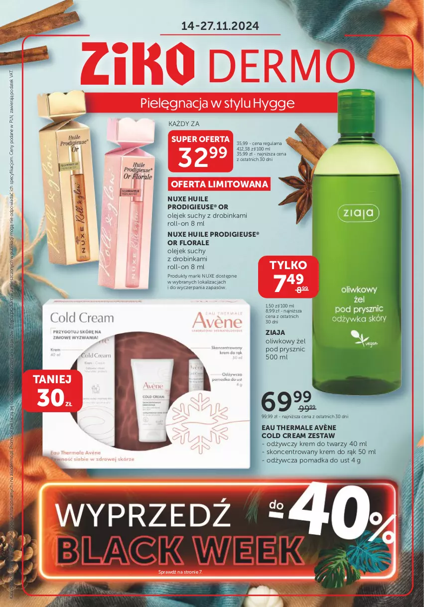 Gazetka promocyjna Ziko - Gazetka Ziko Dermo - ważna 14.11 do 27.11.2024 - strona 1 - produkty: Avène, Cold Cream, Flora, Inka, Krem do rąk, Krem do twarzy, Nuxe, Olej, Ziaja