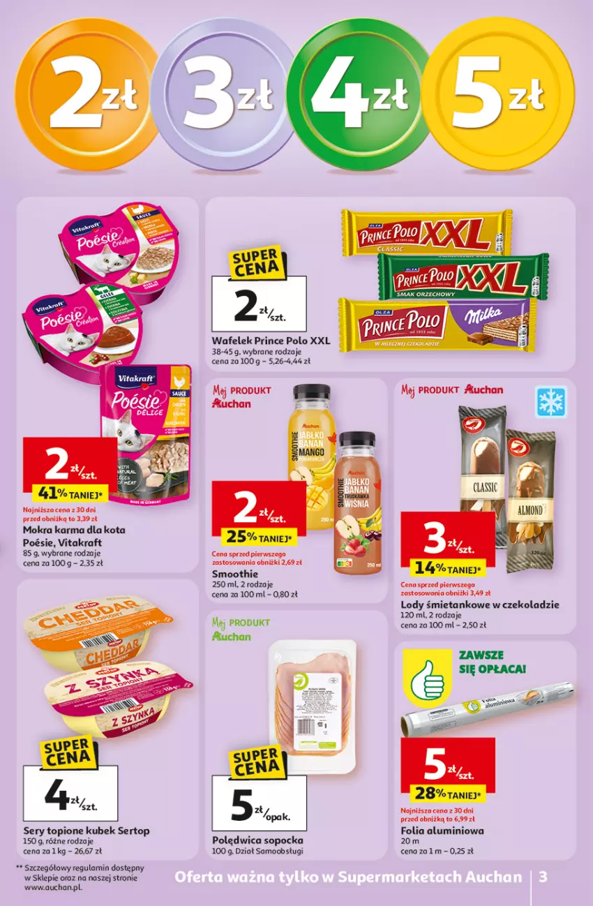 Gazetka promocyjna Auchan - Gazetka 30 Lat Supermarket Auchan - ważna 23.04 do 28.04.2026 - strona 3 - produkty: Folia aluminiowa, Kubek, Lody, Mokra karma, Polędwica, Prince Polo, Ser, Smoothie, Top, Vitakraft, Wafelek