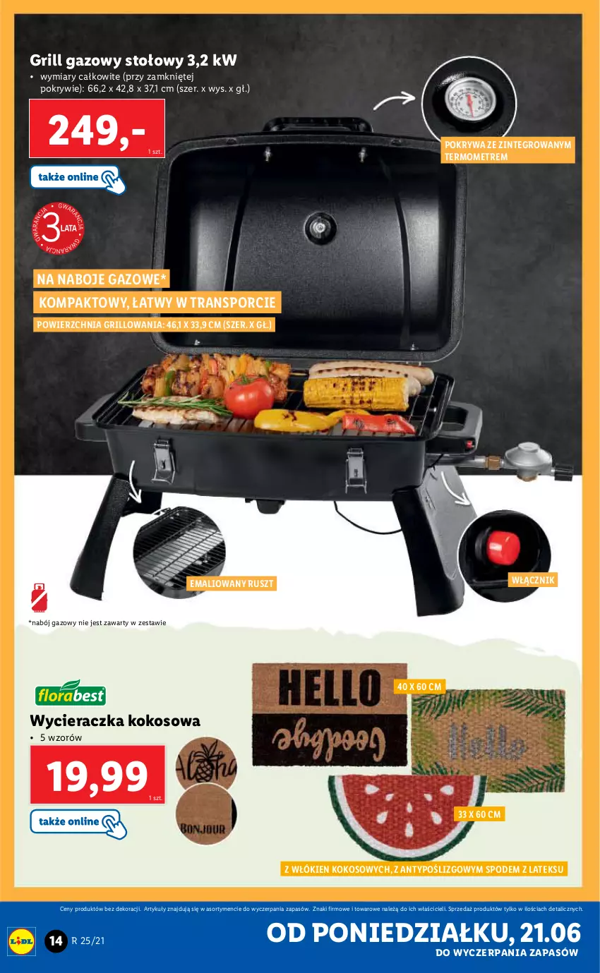 Gazetka promocyjna Lidl - GAZETKA - ważna 21.06 do 26.06.2021 - strona 14 - produkty: Grill, Grill gazowy, Kokos, Pokrywa, Por, Termometr, Tran, Wycieraczka