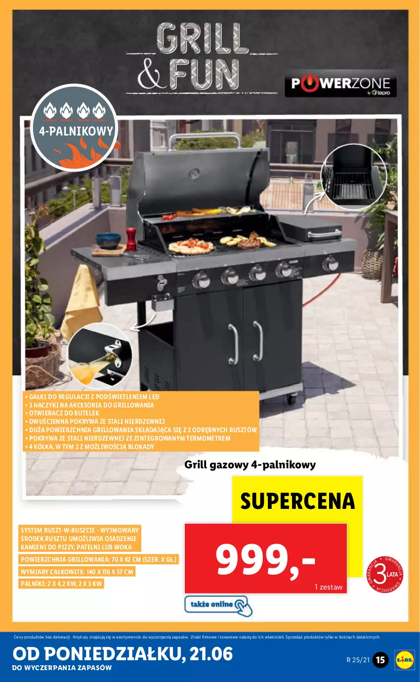 Gazetka promocyjna Lidl - GAZETKA - ważna 21.06 do 26.06.2021 - strona 15 - produkty: Grill, Grill gazowy, Haczyk, Otwieracz, Pokrywa, Termometr