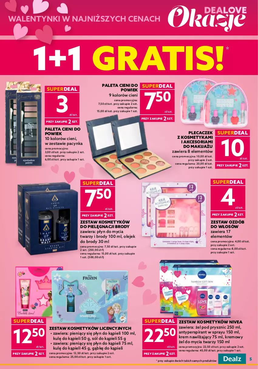 Gazetka promocyjna Dealz - NOWA GAZETKADeaLOVE okazje 💕 - ważna 08.02 do 21.02.2023 - strona 5 - produkty: Antyperspirant, Cynk, Disney, Fa, Gra, Krem nawilżający, Kula do kąpieli, Makijaż, Nivea, Olej, Paleta, Płyn do kąpieli, Płyn do mycia, Sól, Sól do kąpieli