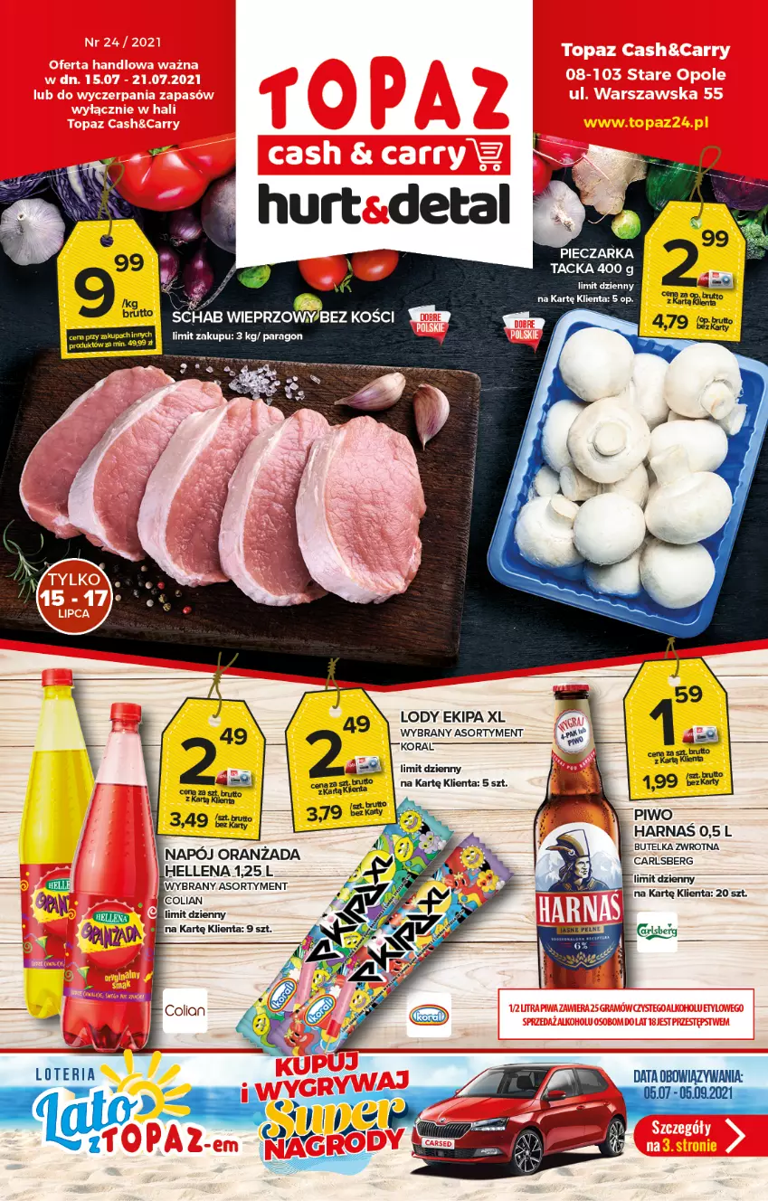 Gazetka promocyjna Topaz - Gazetka - ważna 15.07 do 21.07.2021 - strona 1 - produkty: Carlsberg, Harnaś, Hellena, Lody, Napój, Oranżada, Piwo