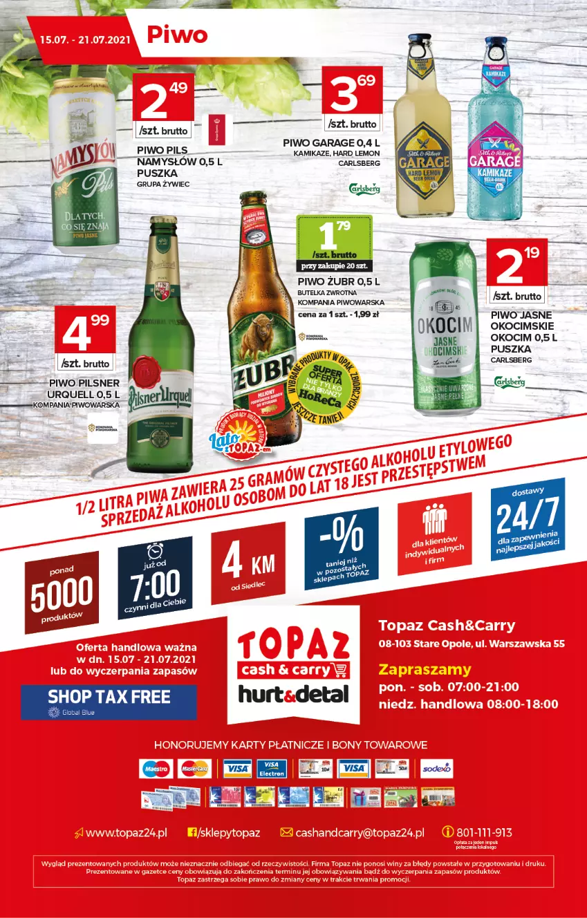 Gazetka promocyjna Topaz - Gazetka - ważna 15.07 do 21.07.2021 - strona 20 - produkty: Carlsberg, Koc, Namysłów, Okocim, Piwo, Piwo jasne