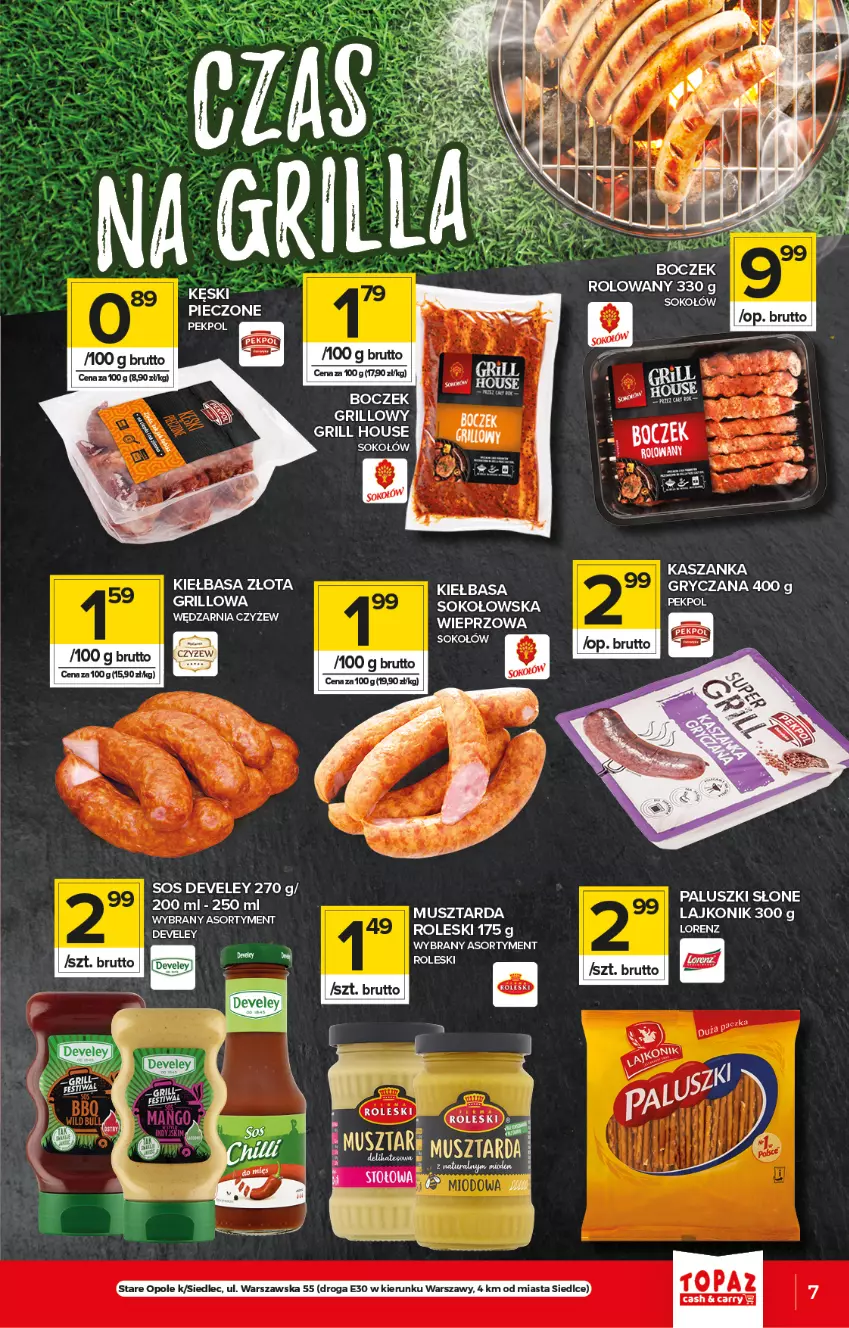 Gazetka promocyjna Topaz - Gazetka - ważna 15.07 do 21.07.2021 - strona 7 - produkty: Boczek, Grill, Gry, Kasza, Kaszanka, Kiełbasa, Lajkonik, Lorenz, Mango, Pekpol, Piec, Ser, Sok, Sokołów, Sos