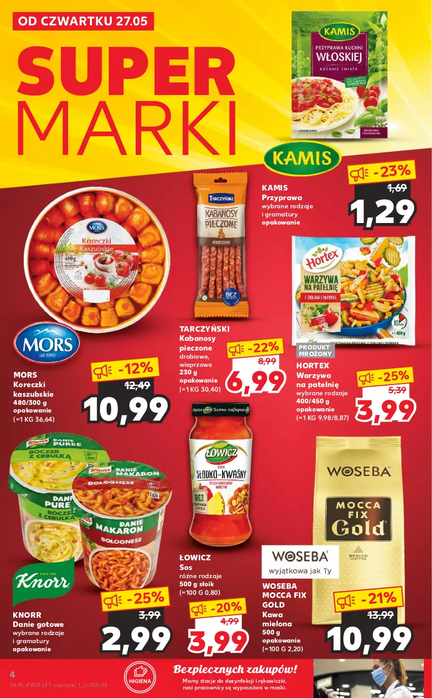 Gazetka promocyjna Kaufland - OFERTA TYGODNIA - ważna 27.05 do 01.06.2021 - strona 4 - produkty: Danie gotowe, Gra, Hortex, Kabanos, Kamis, Kawa, Kawa mielona, Knorr, Koreczki kaszubskie, Mocca Fix Gold, Piec, Rama, Sos, Tarczyński, Warzywa, Woseba