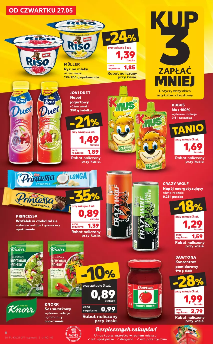 Gazetka promocyjna Kaufland - OFERTA TYGODNIA - ważna 27.05 do 01.06.2021 - strona 6 - produkty: Dawtona, Gra, Jogurt, Knorr, Koncentrat pomidorowy, Kubuś, Müller, Mus, Napój, Napój jogurtowy, Piec, Princessa, Rama, Ryż, Ryż na mleku, Sałat, Sos, Wafelek