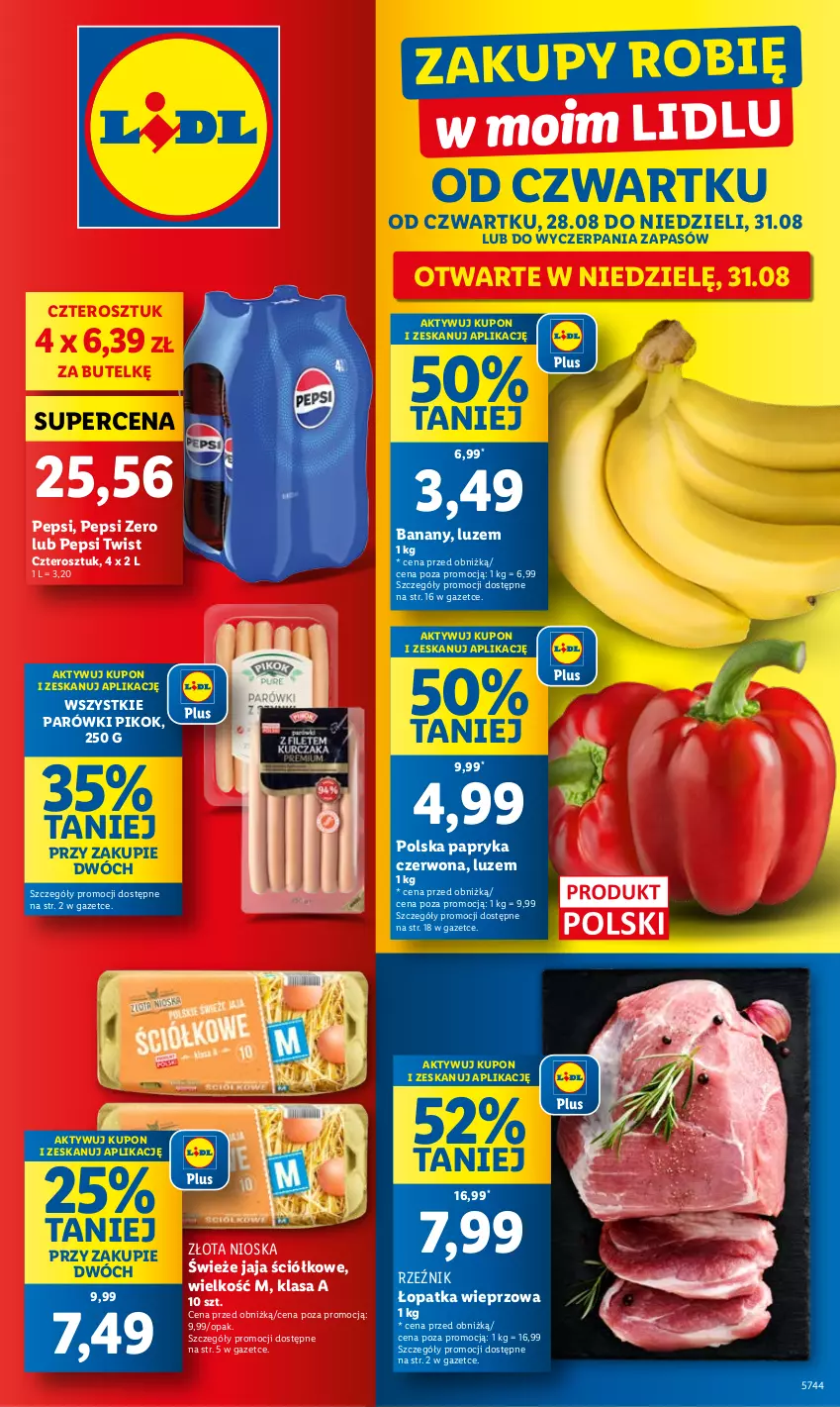 Gazetka promocyjna Lidl - GAZETKA - ważna 28.08 do 31.08.2025 - strona 1 - produkty: Banany, Jaja, Papryka, Papryka czerwona, Parówki, Pepsi, PIKOK