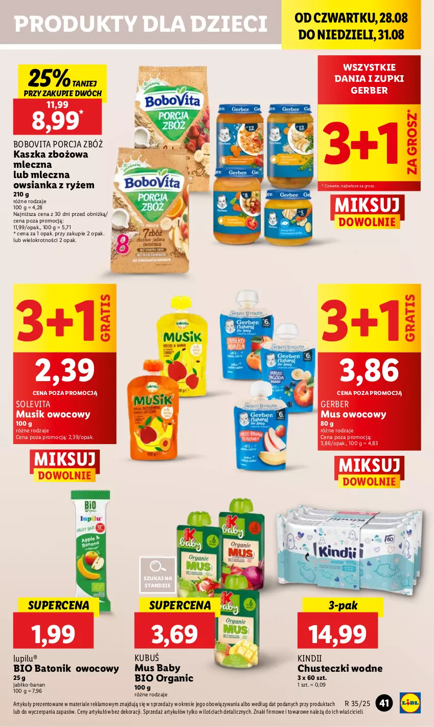 Gazetka promocyjna Lidl - GAZETKA - ważna 28.08 do 31.08.2025 - strona 45 - produkty: Baton, Bio Batonik, BoboVita, Chusteczki, Dzieci, Gerber, Gra, Kindii, Kubuś, Mus, Owsianka, Por, Ryż, Tonik