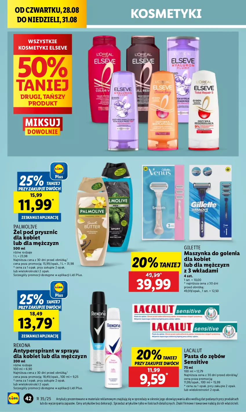 Gazetka promocyjna Lidl - GAZETKA - ważna 28.08 do 31.08.2025 - strona 46 - produkty: Antyperspirant, Elseve, Lacalut, Maszynka, Maszynka do golenia, Palmolive, Pasta do zębów, Rexona, Szynka