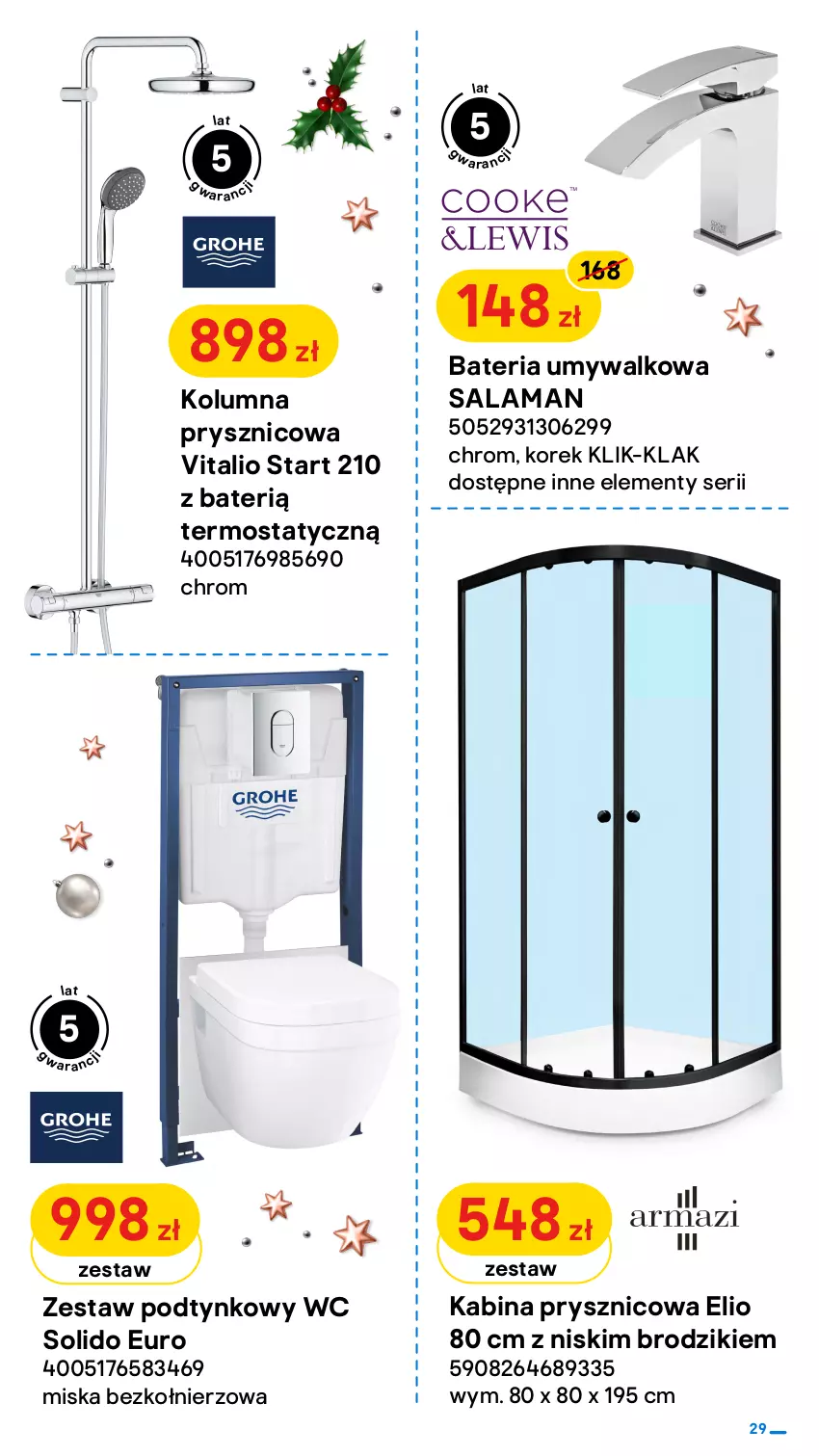 Gazetka promocyjna Castorama - Gazetka Castorama - ważna 01.12 do 26.12.2021 - strona 29 - produkty: Bateria, Bateria umywalkowa, Brodzik, Kabina prysznicowa, Lakier, Miska, Ser, Słupek, Szafka, Termos, Zestaw podtynkowy WC