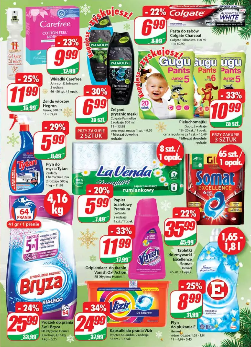 Gazetka promocyjna Dino - Gazetka - ważna 22.12 do 28.12.2021 - strona 23 - produkty: Carefree, Colgate, Hegron, Kapsułki do prania, LG, Majtki, Odplamiacz, Palmolive, Papier, Papier toaletowy, Pasta do zębów, Pieluchomajtki, Płyn do mycia, Rum, Somat, Tablet, Tenex, Tytan, Vanish, Vizir, Wkładki, Zmywarki