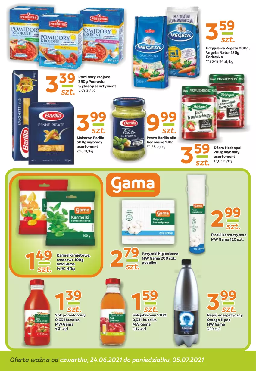 Gazetka promocyjna Gama - Gazetka Gama - ważna 24.06 do 05.07.2021 - strona 4 - produkty: Barilla, Dżem, Herbapol, Makaron, Napój, Napój energetyczny, Pesto, Płatki kosmetyczne, Podravka, Pomidory, Pomidory krojone, Pudełko, Sok, Sok jabłkowy, Sok pomidorowy, Vegeta, Vegeta Natur