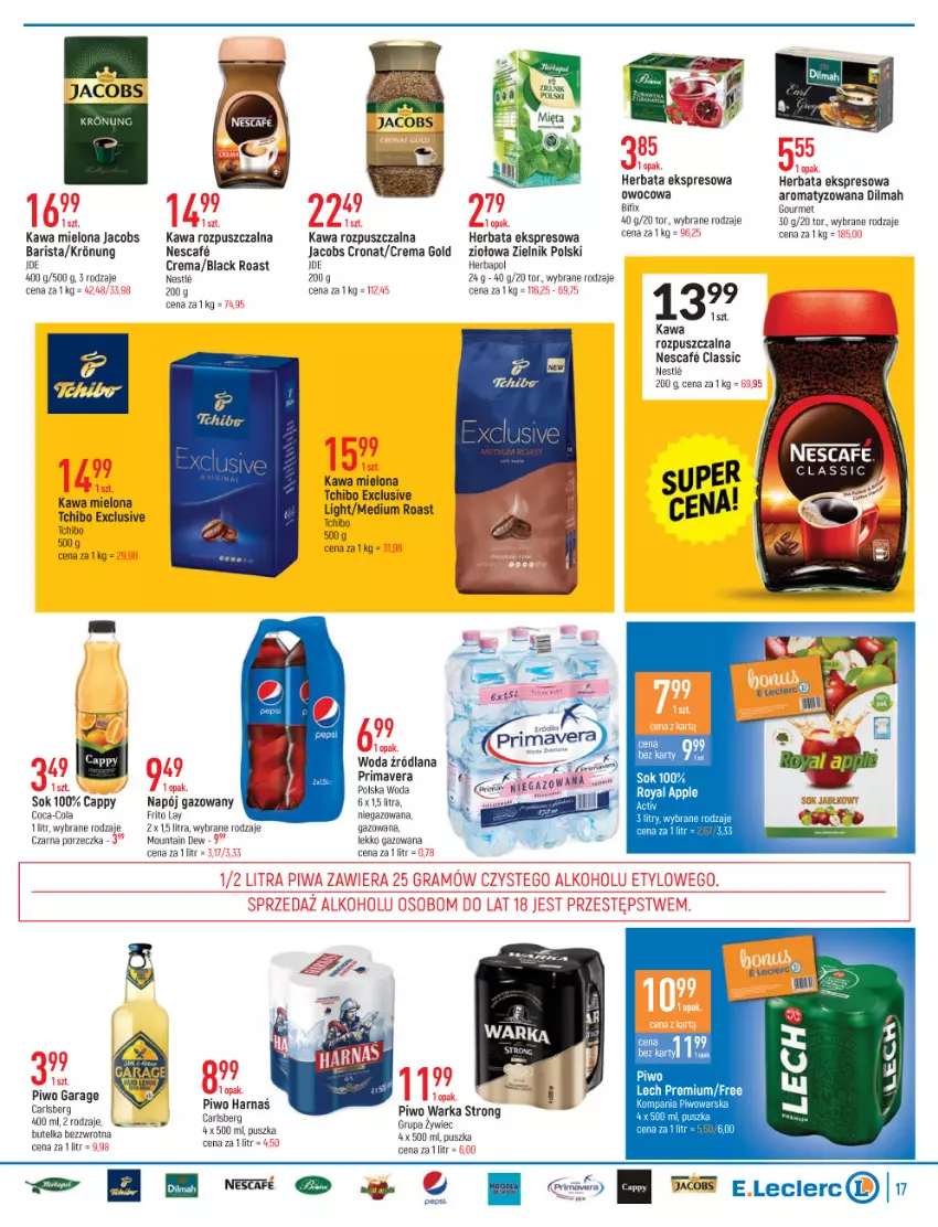 Gazetka promocyjna E Leclerc - ważna 02.11 do 13.11.2021 - strona 17 - produkty: Cappy, Carlsberg, Coca-Cola, Dilmah, Harnaś, Herbapol, Herbata, Jacobs, Kawa, Kawa mielona, Kawa rozpuszczalna, Lack, LANA, Lech Premium, Napój, Napój gazowany, Pepsi, Piwo, Por, Prima, Primavera, Sok, Tchibo, Warka, Woda