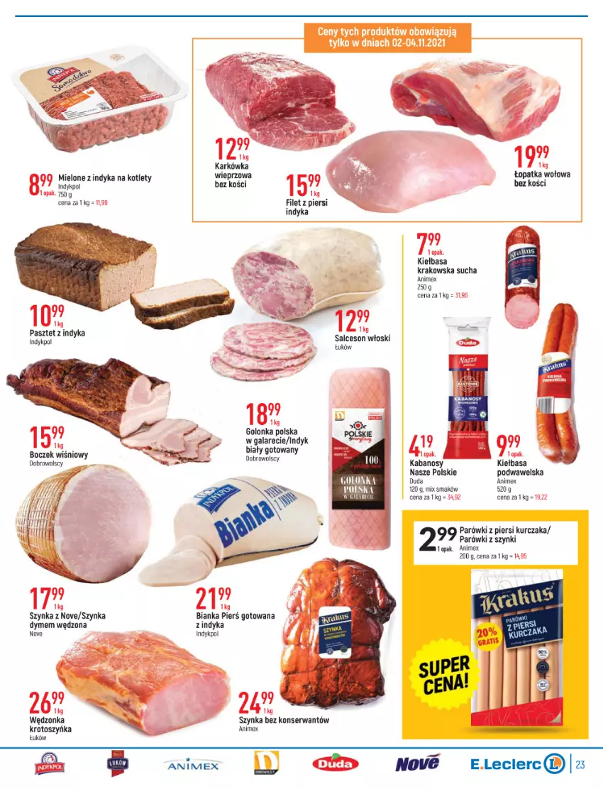 Gazetka promocyjna E Leclerc - ważna 02.11 do 13.11.2021 - strona 23 - produkty: Bianka, Boczek, Filet z piersi indyka, Gala, Kabanos, Kiełbasa, Kotlet, Kurczak, Parówki, Parówki z piersi kurczaka, Pasztet, Pasztet z indyka, Ser, Szynka, Wawel