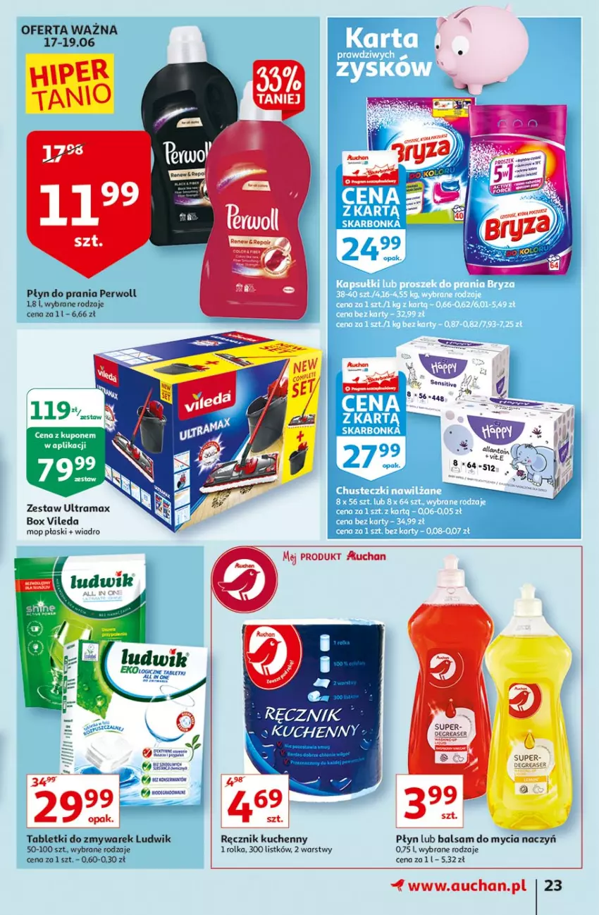 Gazetka promocyjna Auchan - Hiper Emocje Hipermarkety - ważna 17.06 do 23.06.2021 - strona 23 - produkty: Balsam do mycia naczyń, Do mycia naczyń, Ludwik, Mop, Perwoll, Płyn do prania, Rama, Ręcznik, Ręcznik kuchenny, Ser, Tablet, Vileda, Wiadro