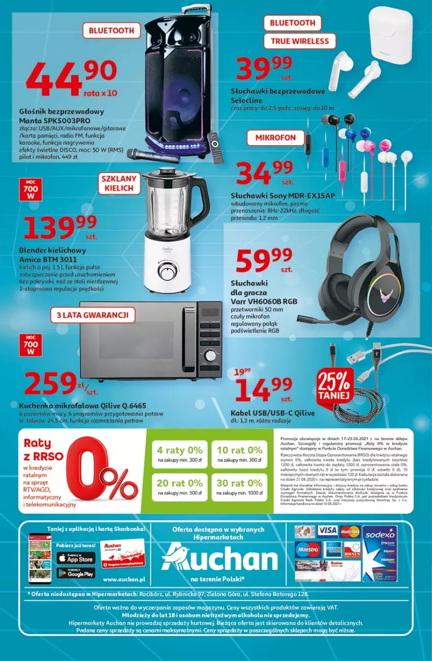 Gazetka promocyjna Auchan - Hiper Emocje Hipermarkety - ważna 17.06 do 23.06.2021 - strona 36 - produkty: Amica, Blender, Clin, Fa, Głośnik, Gra, Gry, Kabel USB, Karta pamięci, Kuchenka mikrofalowa, Manta, Mikrofon, Piec, Ser, Słuchawki, Słuchawki bezprzewodowe, Sony, Talerz, Tera, Top