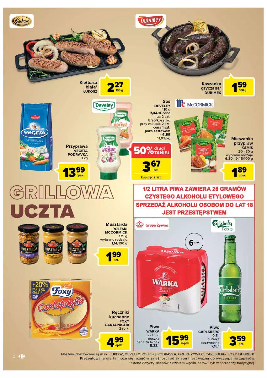 Gazetka promocyjna Carrefour - Gazetka Market - ważna 14.06 do 26.06.2022 - strona 4 - produkty: Carlsberg, Foxy, Gra, Gry, Kamis, Kasza, Kaszanka, Kiełbasa, Kiełbasa biała, Kosz, Mus, Musztarda, Piwa, Piwo, Podravka, Ręcznik, Ser, Sos, Vegeta