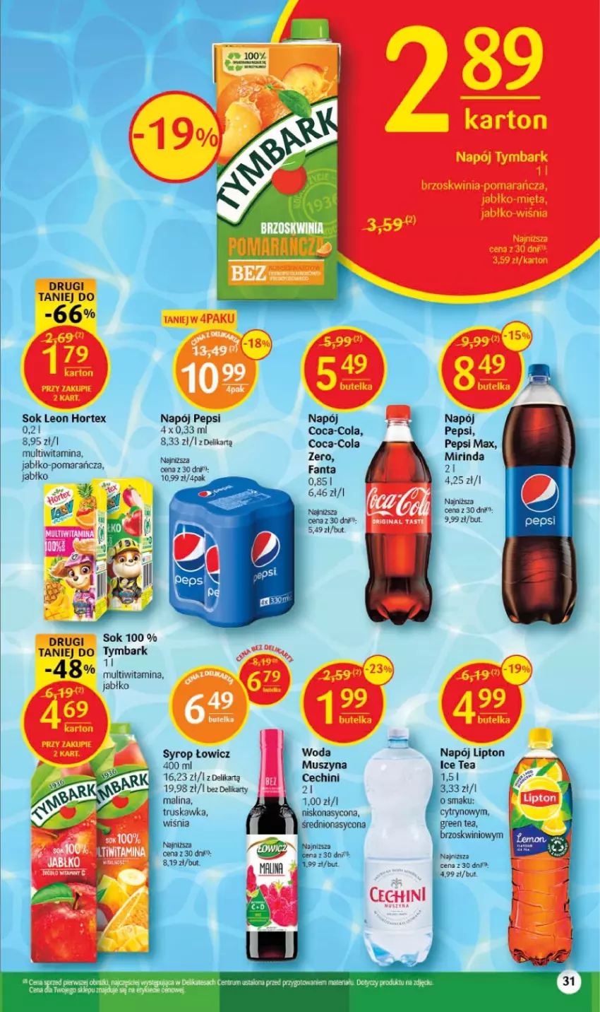 Gazetka promocyjna Delikatesy Centrum - Gazetka DC34 - ważna 31.08 do 06.09.2023 - strona 31 - produkty: Coca-Cola, Fa, Fanta, Gin, Hortex, Ice tea, Leon, Lipton, Mięta, Mirinda, Mus, Napój, Pepsi, Pepsi max, Sok, Syrop, Szyna, Tymbark, Woda