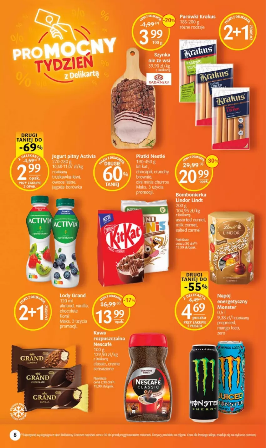 Gazetka promocyjna Delikatesy Centrum - Gazetka DC34 - ważna 31.08 do 06.09.2023 - strona 8 - produkty: Activia, Cini Minis, Jogurt, Jogurt pitny, Krakus, Lindor, Lindt, Owoce, Parówki