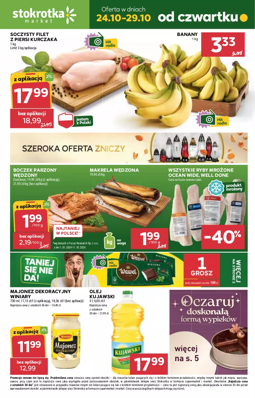 Gazetka promocyjna Stokrotka - Market - ważna 24.10 do 29.10.2024 - strona 1 - produkty: Banany, Boczek, Filet z piersi kurczaka, Kujawski, Kurczak, Majonez, Mięso, Olej, Owoce, Warzywa, Winiary