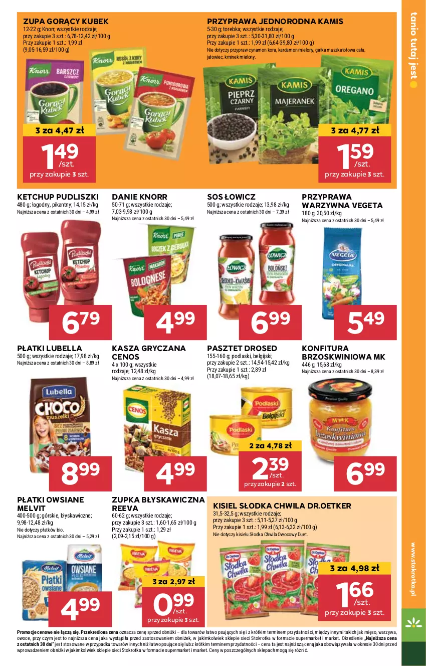 Gazetka promocyjna Stokrotka - Market - ważna 24.10 do 29.10.2024 - strona 13 - produkty: Bell, Bella, Cenos, Gałka, Gry, Kamis, Kasza, Kasza gryczana, Ketchup, Kisiel, Kminek, Knorr, Konfitura, Kubek, LG, Lubella, Melvit, Mięso, Mus, Owoce, Pasztet, Płatki owsiane, Podlaski, Pudliszki, Słodka Chwila, Sos, Torebka, Vegeta, Warzywa, Zupa