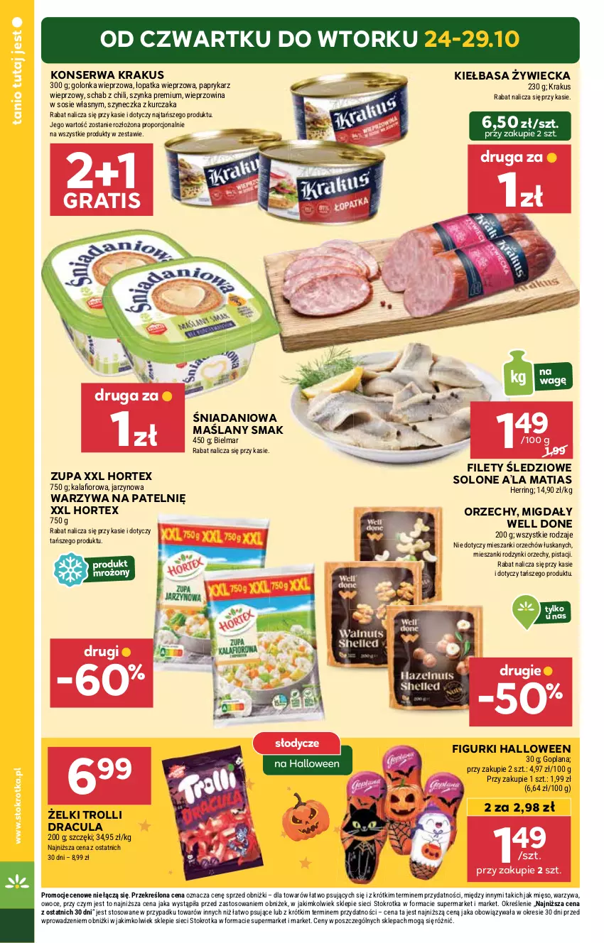 Gazetka promocyjna Stokrotka - Market - ważna 24.10 do 29.10.2024 - strona 4 - produkty: Danio, Golonka wieprzowa, Goplana, Gra, Hortex, Kiełbasa, Krakus, Kurczak, LANA, Mięso, Migdały, Owoce, Papryka, Paprykarz, Por, Rodzynki, Ser, Sos, Szynka, Szynka premium, Warzywa, Wieprzowina, Zupa