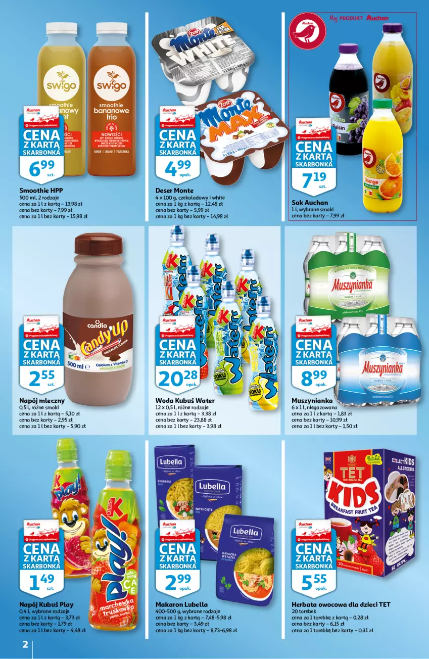 Gazetka promocyjna Auchan - Skarbonka #21 - ważna 27.05 do 02.06.2021 - strona 3 - produkty: Bell, Bella, Deser, Dzieci, Herbata, Herbata owocowa, HP, Kubuś, Lubella, Magnez, Makaron, Monte, Mus, Muszynianka, Napój, Napój mleczny, Ser, Smoothie, Sok, Woda