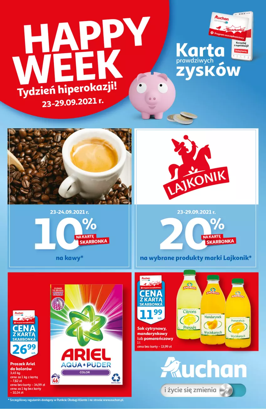 Gazetka promocyjna Auchan - Skarbonka #38 - ważna 23.09 do 29.09.2021 - strona 1 - produkty: Lajkonik, Puder, Sok