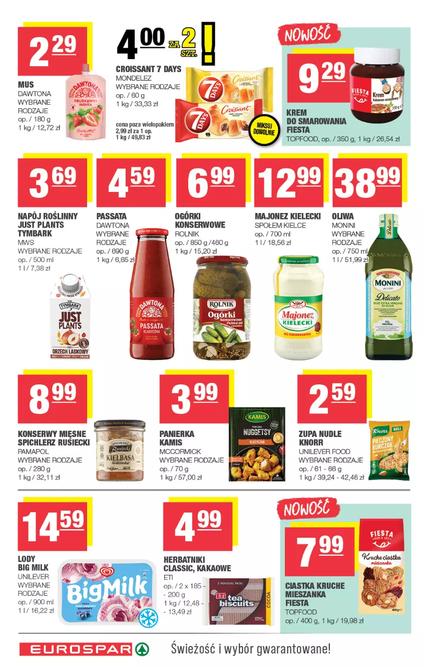 Gazetka promocyjna Spar - EuroSpar - ważna 19.10 do 29.10.2025 - strona 10 - produkty: 7 Days, Ciastka, Croissant, Dawtona, Fa, Herbatniki, Kakao, Kamis, Knorr, Lody, Majonez, Monini, Rolnik, Ser, Spichlerz Rusiecki, Top, Tymbark, Zupa