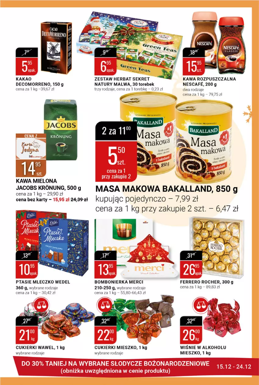 Gazetka promocyjna Bi1 - Święta zawsze razem - ważna 15.12 do 24.12.2021 - strona 11 - produkty: Bakalland, Cukier, Cukierki, Ferrero, Ferrero Rocher, Jacobs, Kakao, Kawa, Kawa mielona, Kawa rozpuszczalna, Kret, Merci, Mleczko, Ptasie mleczko, Wawel