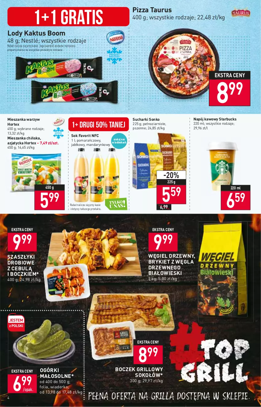 Gazetka promocyjna Stokrotka - Market - ważna 11.08 do 17.08.2022 - strona 4 - produkty: Boczek, Fa, Gra, Grill, Hortex, Kaktus, Lody, Mieszanka warzyw, Napój, Nestlé, Pizza, Por, Sok, Sokołów, Sonko, Węgiel drzewny