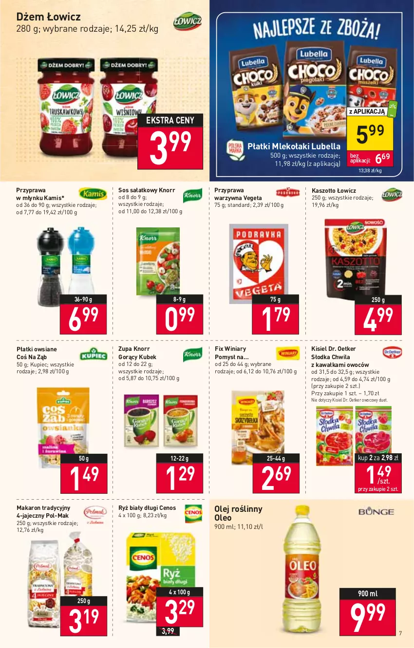 Gazetka promocyjna Stokrotka - Market - ważna 11.08 do 17.08.2022 - strona 7 - produkty: Bell, Bella, Cenos, Dr. Oetker, Dżem, Kamis, Kawa, Kisiel, Knorr, Kubek, Kupiec, Lubella, Makaron, Mleko, Olej, Olej roślinny, Oleo, Piec, Płatki owsiane, Ryż, Ryż biały, Sałat, Słodka Chwila, Sos, Vegeta, Winiary, Zott, Zupa