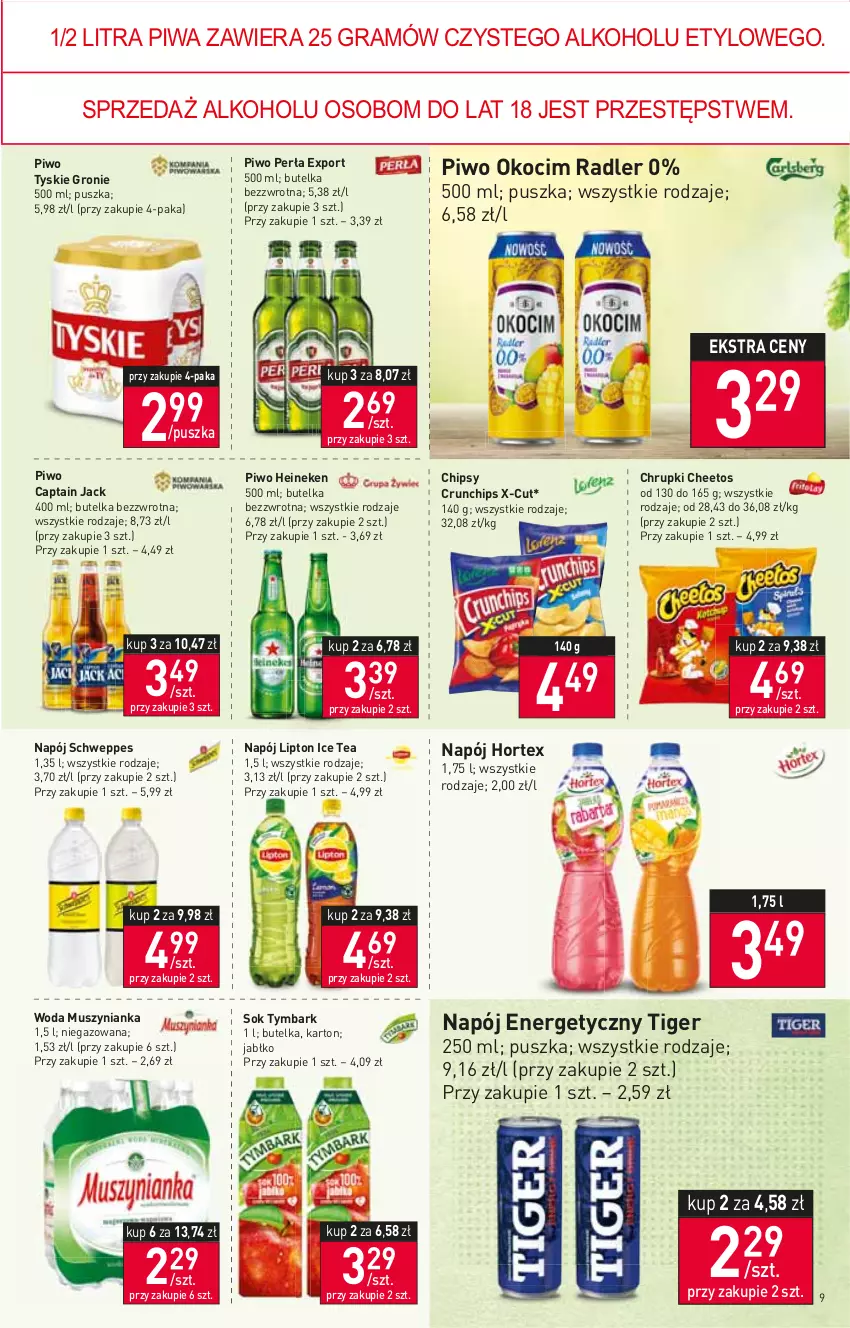 Gazetka promocyjna Stokrotka - Market - ważna 11.08 do 17.08.2022 - strona 9 - produkty: Captain Jack, Cheetos, Chipsy, Chrupki, Crunchips, Gra, Heineken, Hortex, Ice tea, Koc, Lipton, Mus, Muszynianka, Napój, Napój energetyczny, Okocim, Perła, Piwa, Piwo, Por, Radler, Schweppes, Sok, Tiger, Tymbark, Tyskie, Woda