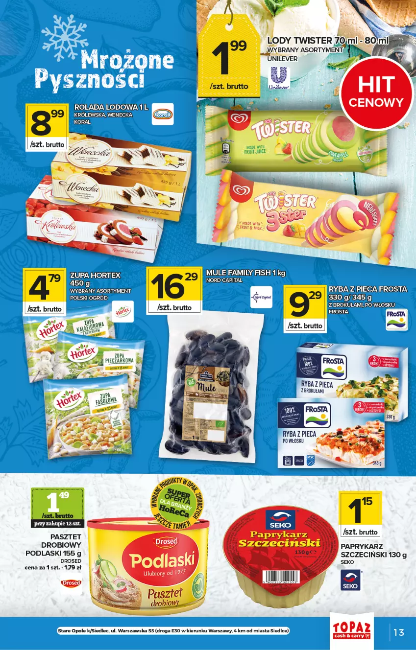 Gazetka promocyjna Topaz - Gazetka - ważna 10.06 do 16.06.2021 - strona 13 - produkty: Fa, Frosta, Hortex, Mule, Papryka, Paprykarz, Pasztet, Piec, Podlaski, Rolada, Ryba, SEKO, Zupa