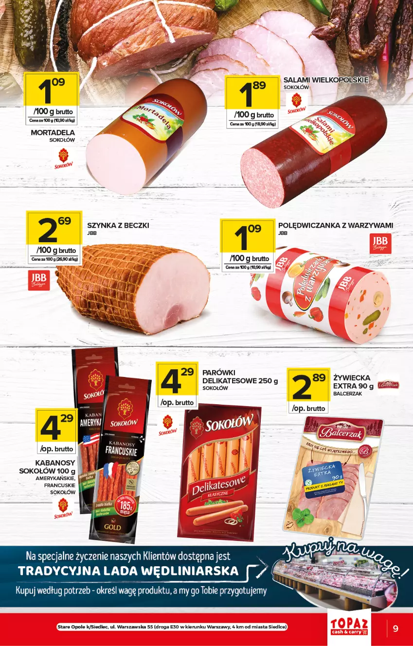 Gazetka promocyjna Topaz - Gazetka - ważna 10.06 do 16.06.2021 - strona 9 - produkty: Kabanos, Parówki, Salami, Sok, Sokołów, Szynka, Szynka z beczki, Warzywa